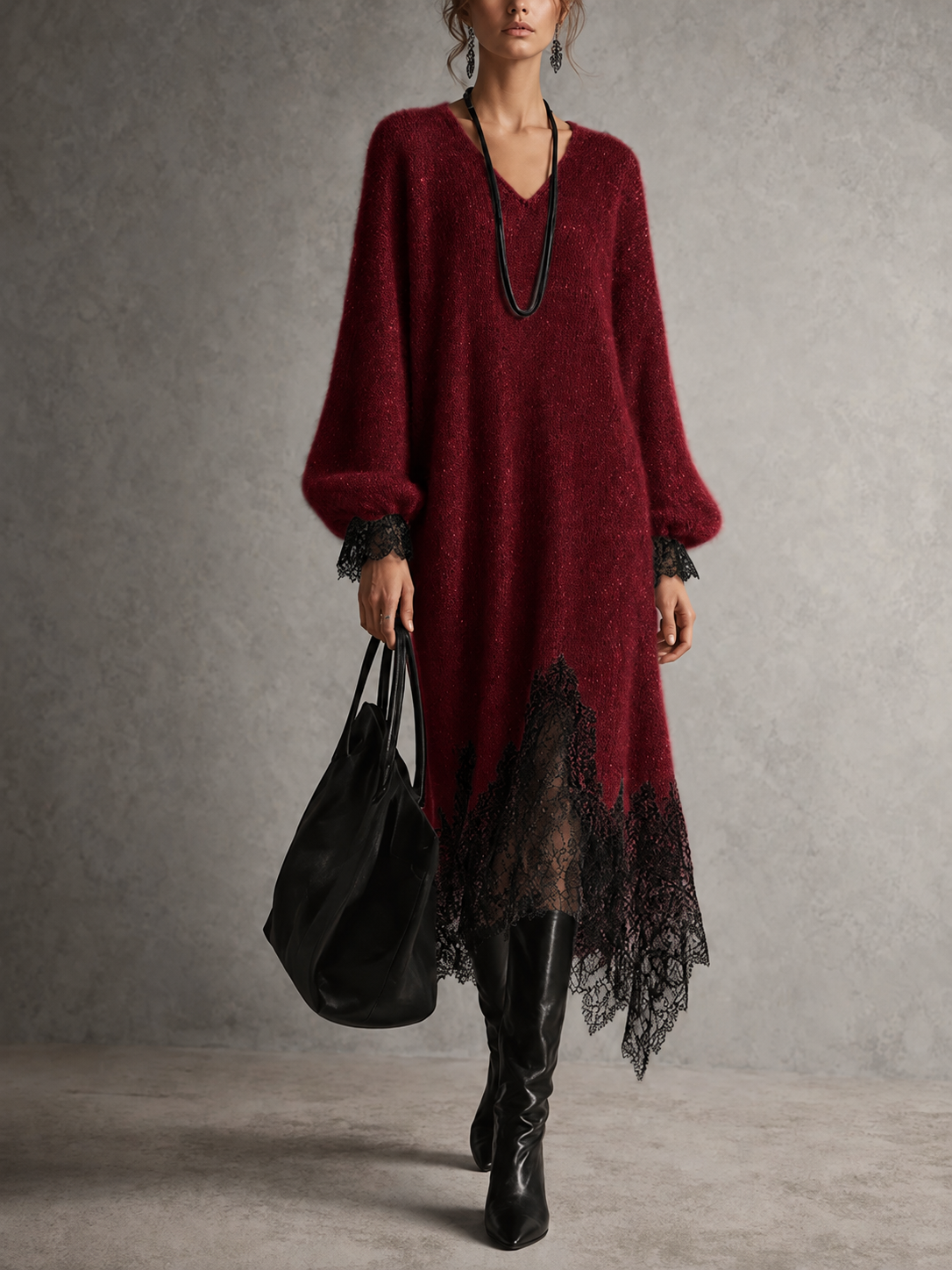 Vestido Midi de Punto con Escote en V y Bajo de Encaje Sarrià