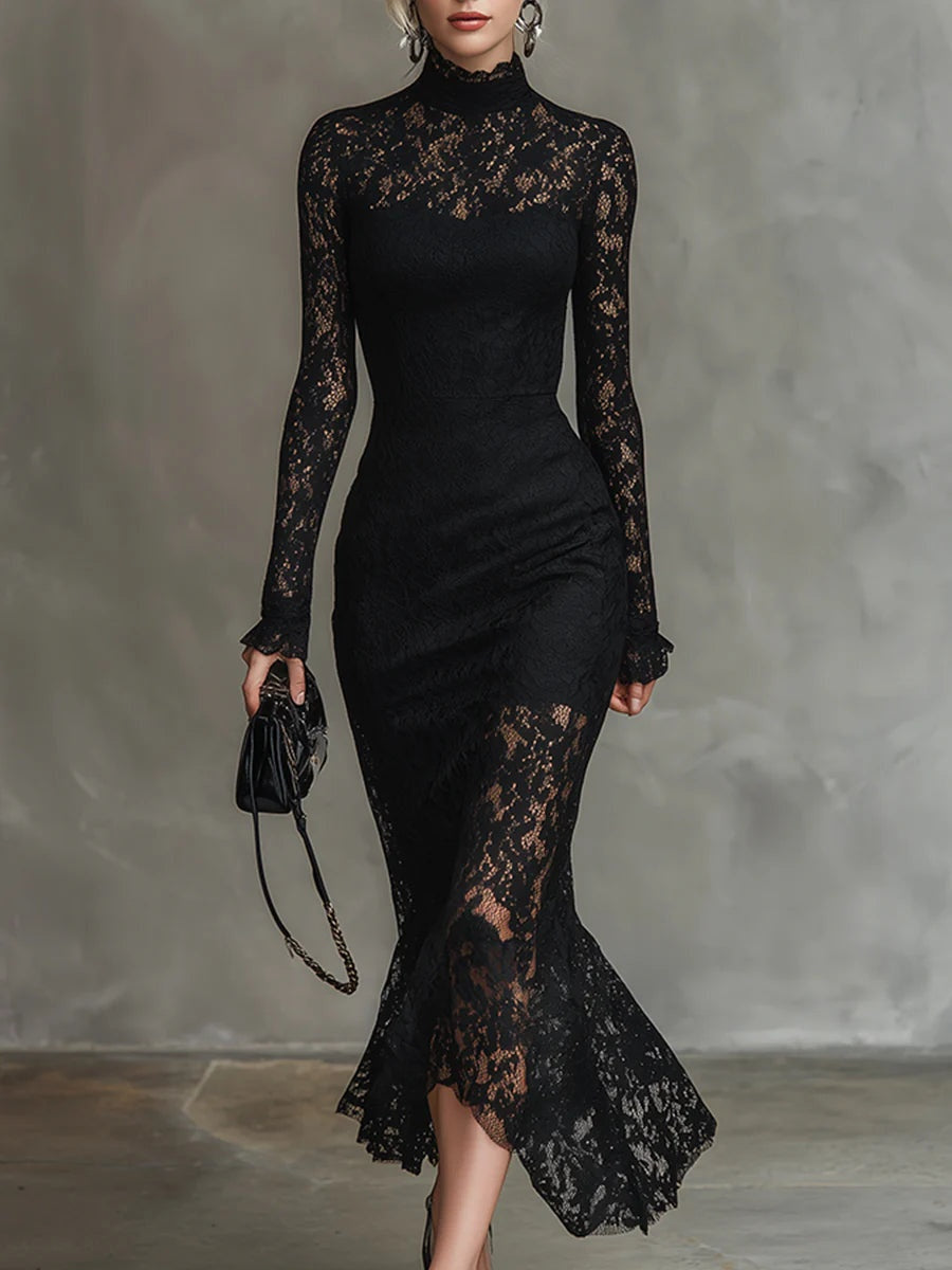 Vestido Clara de Encaje con Manga Larga y Cuello Alto
