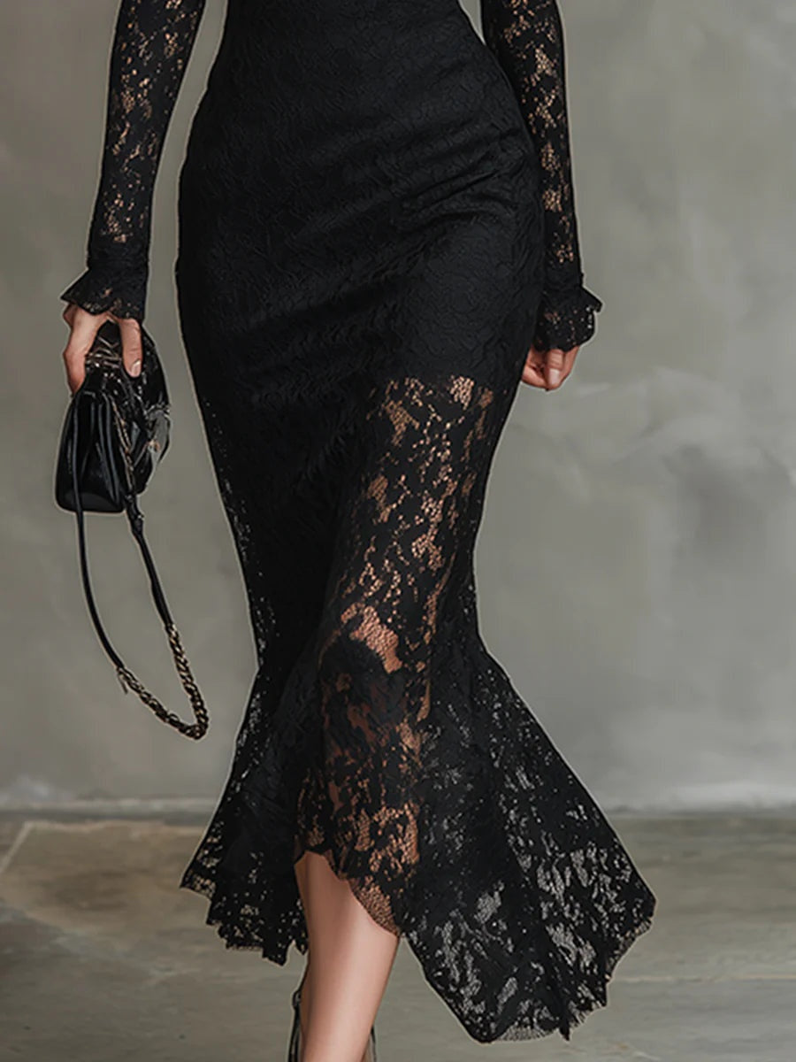 Vestido Clara de Encaje con Manga Larga y Cuello Alto