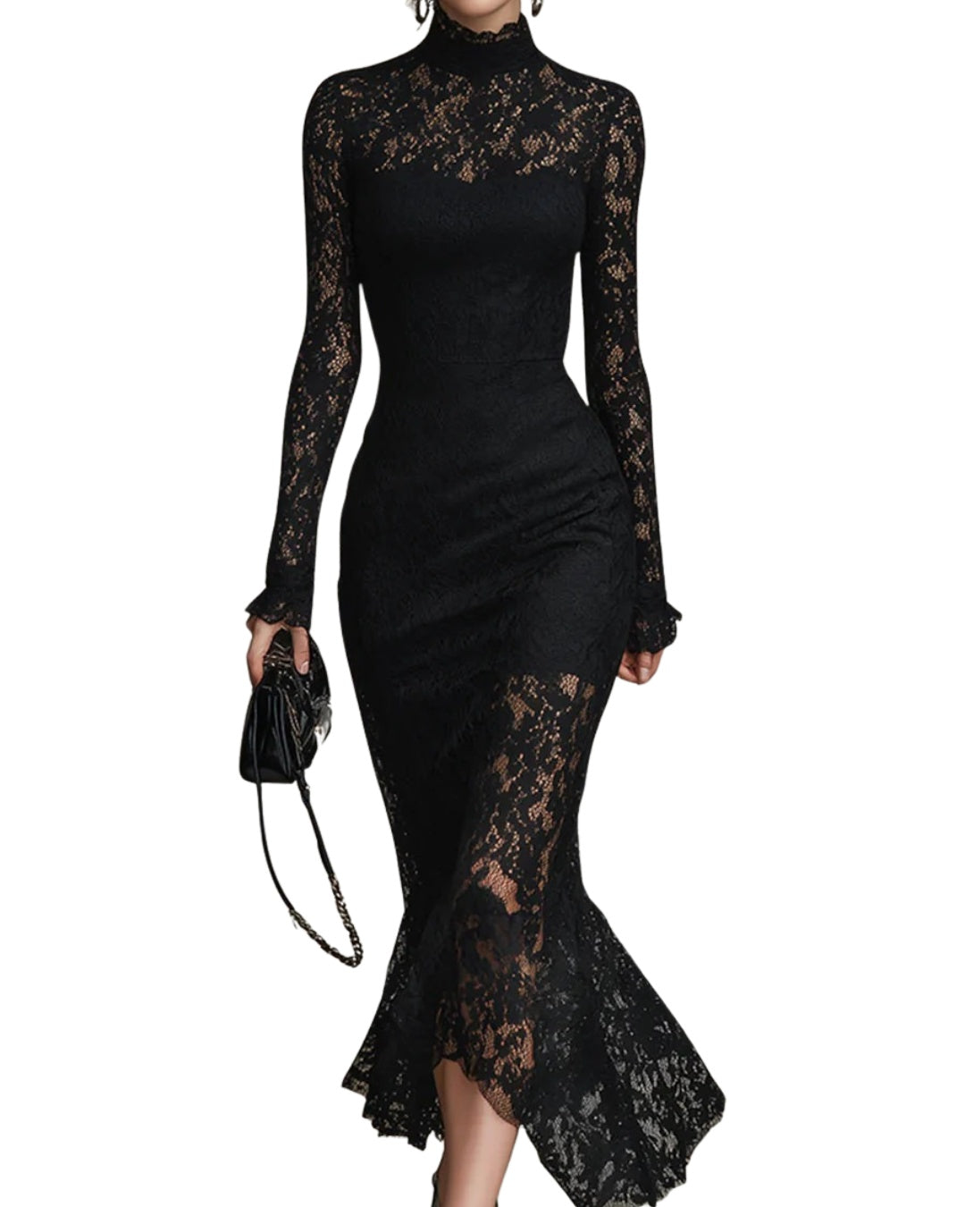 Vestido Clara de Encaje con Manga Larga y Cuello Alto