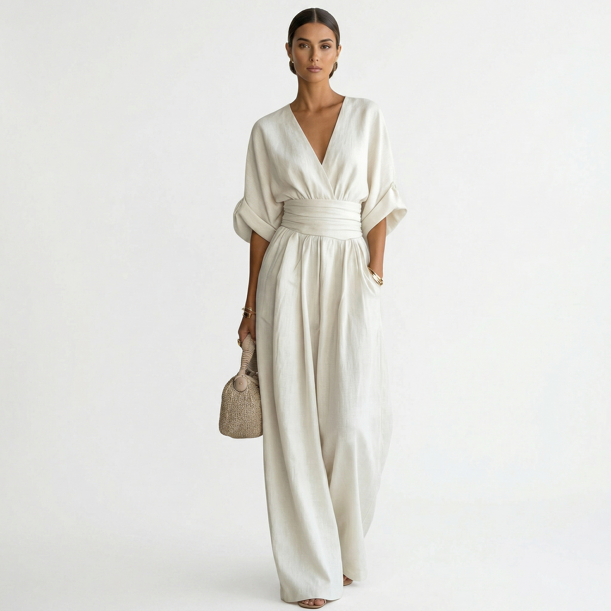 Mono Largo de Lino Elegante para Mujer con Escote en V
