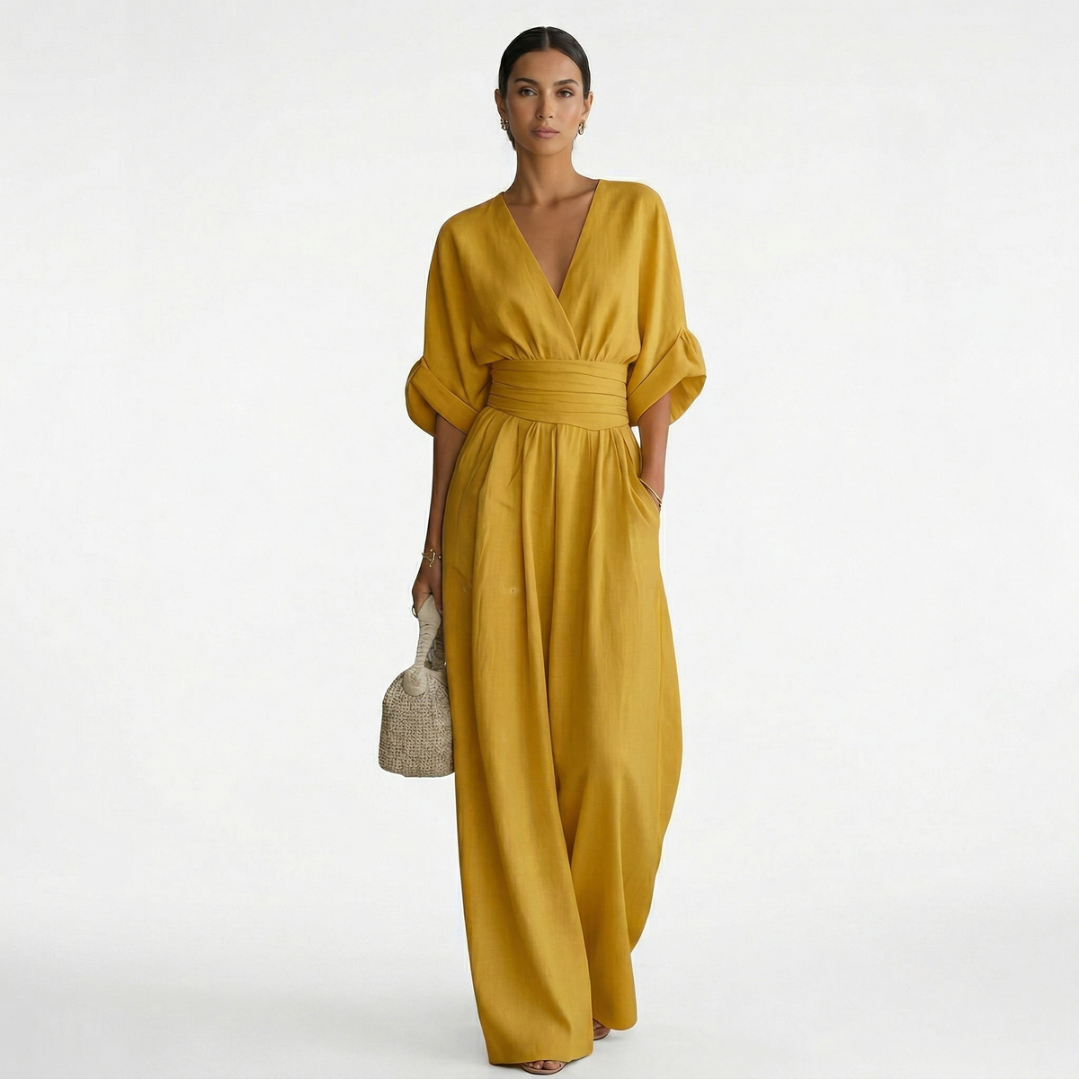 Mono Largo de Lino Elegante para Mujer con Escote en V