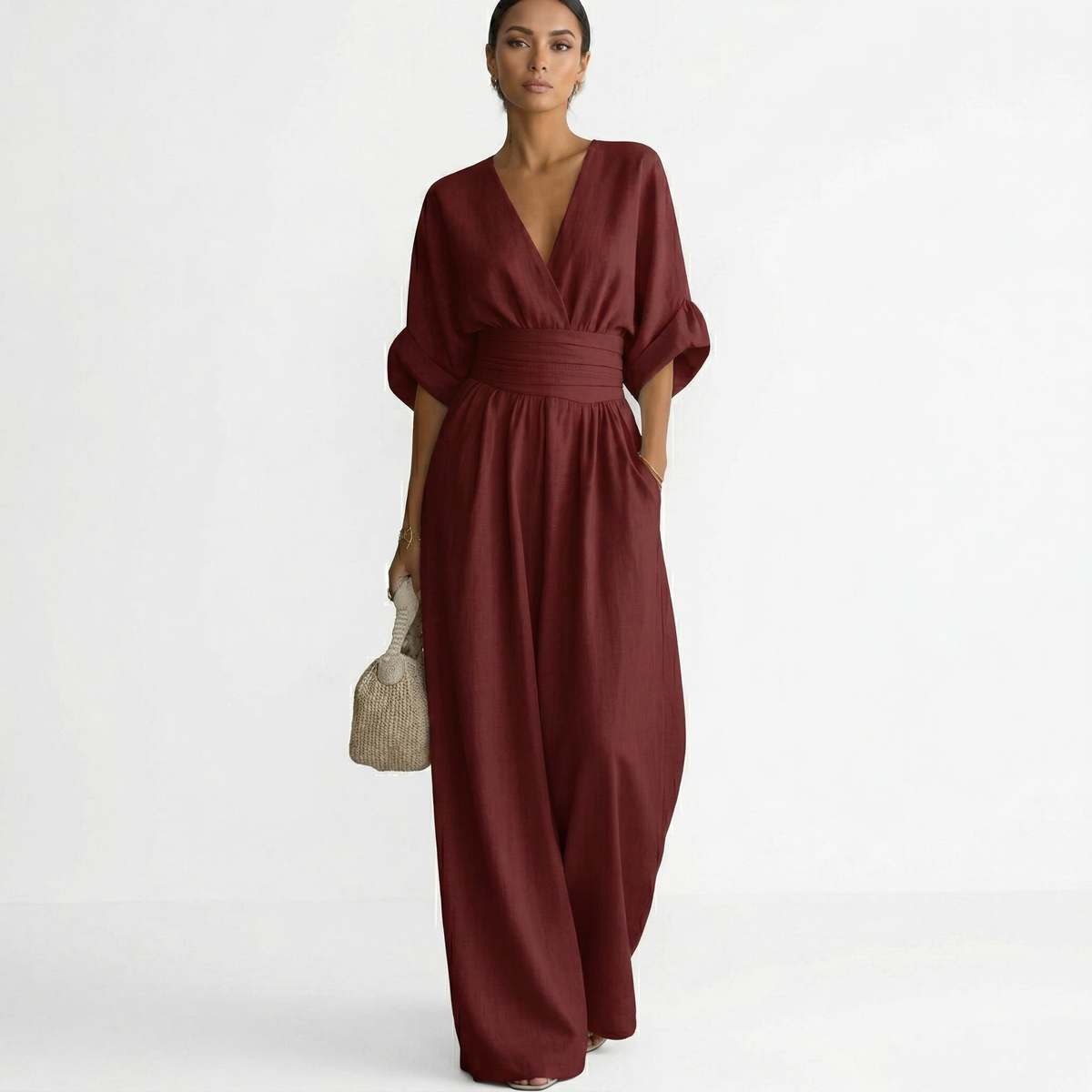 Mono Largo de Lino Elegante para Mujer con Escote en V