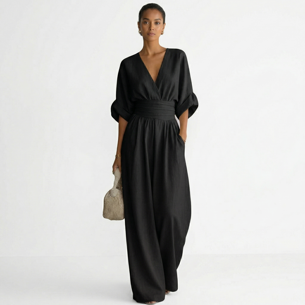 Mono Largo de Lino Elegante para Mujer con Escote en V