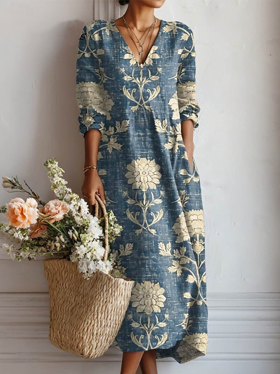 Vestido Boho de Lino Estampado para Mujer con Escote en V