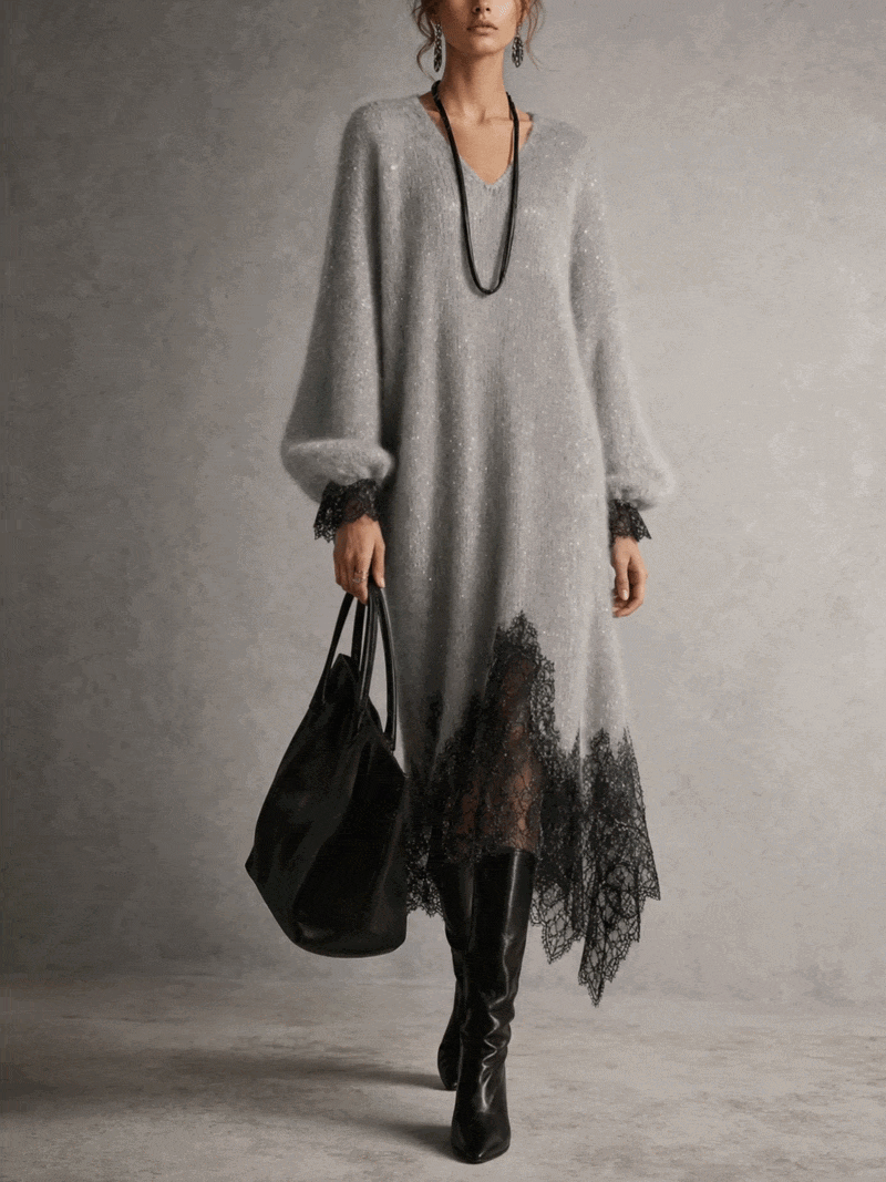 Vestido Midi de Punto con Escote en V y Bajo de Encaje Sarrià
