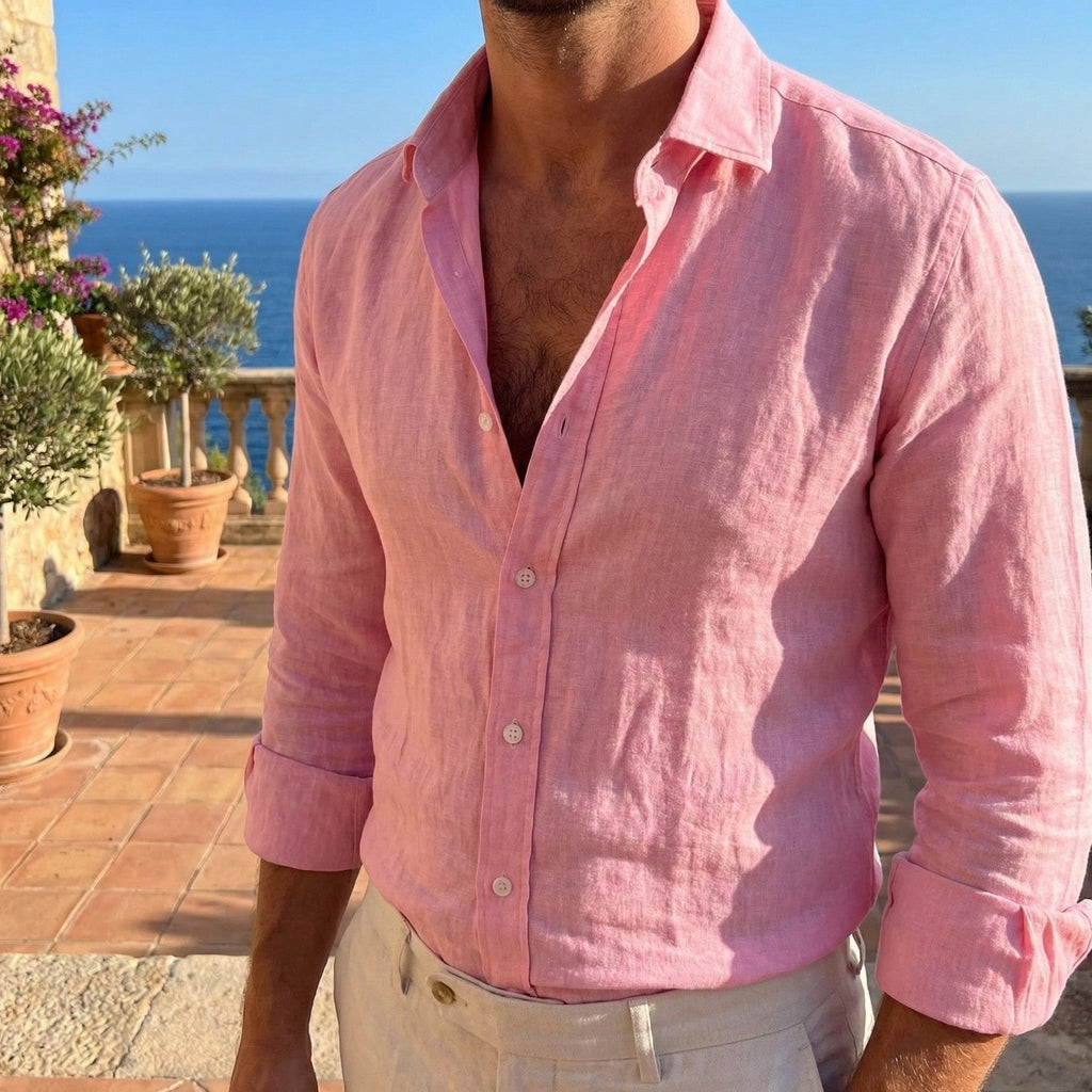 Camisa de Lino Manga Larga Ajuste Relajado para Hombre