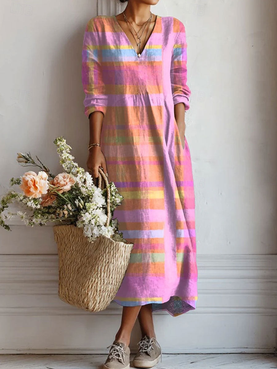 Vestido Boho de Lino Estampado para Mujer con Escote en V