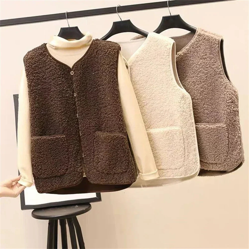 Chaleco de Borreguito para Mujer con Cuello en V y Botones
