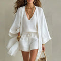 Conjunto de Lino de 3 Piezas para Mujer: Top, Shorts y Kimono