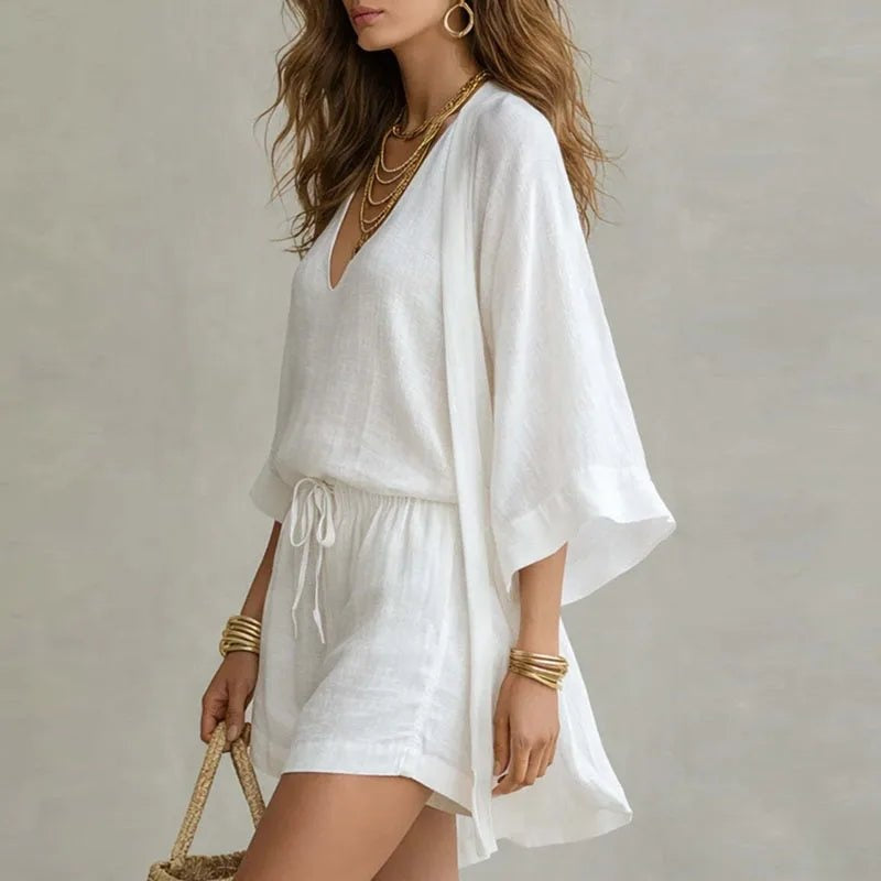 Conjunto de Lino de 3 Piezas para Mujer: Top, Shorts y Kimono