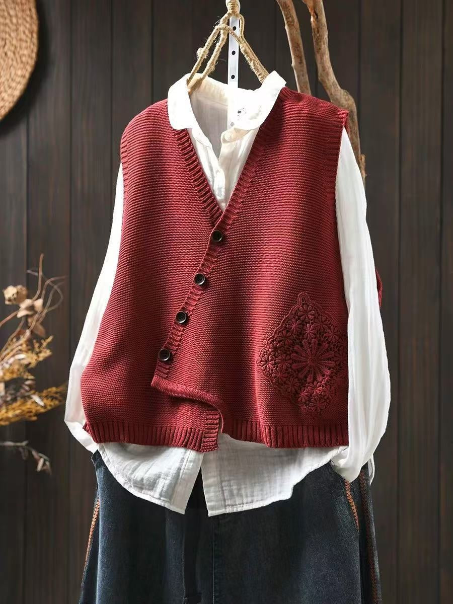 Chaleco de Punto Bordado para Mujer con Escote en V y Botones