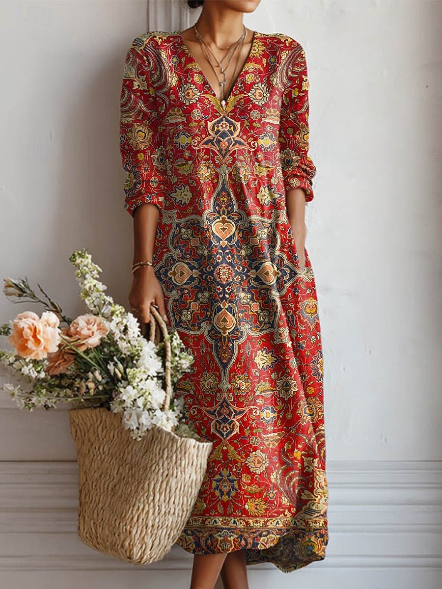 Vestido Boho de Lino Estampado para Mujer con Escote en V
