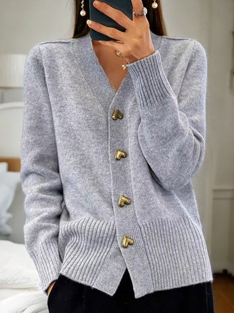 Cárdigan de Punto para Mujer con Botones de Corazón y Escote en V