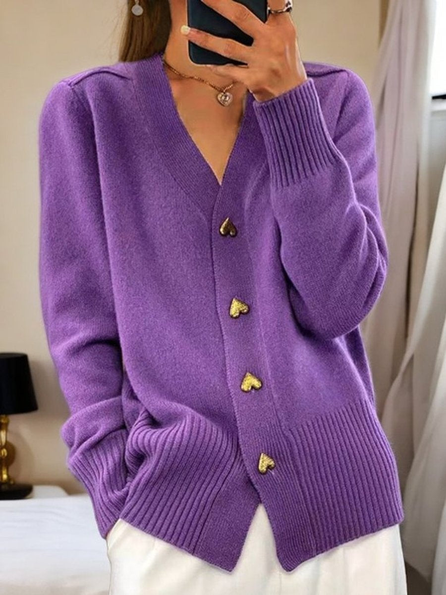 Cárdigan de Punto para Mujer con Botones de Corazón y Escote en V
