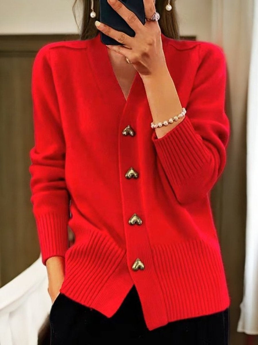 Cárdigan de Punto para Mujer con Botones de Corazón y Escote en V