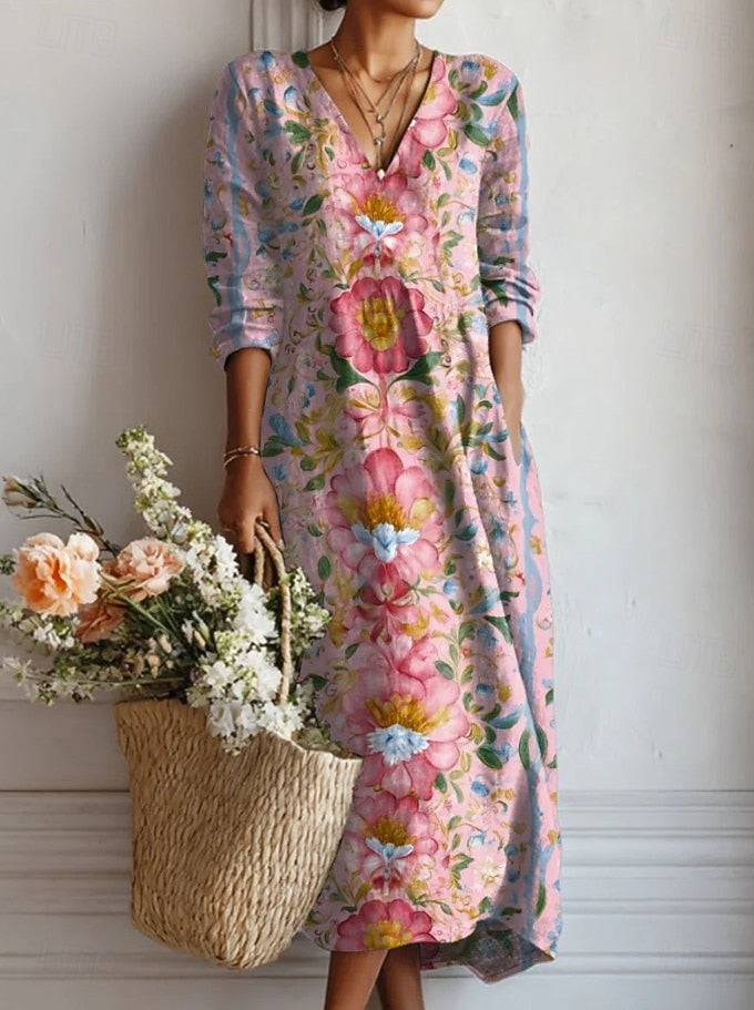 Vestido Boho de Lino Estampado para Mujer con Escote en V