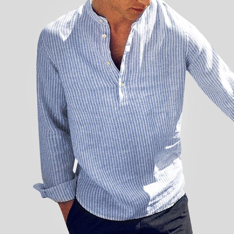 Camisa de Lino Manga Larga para Hombre con Cuello Henley