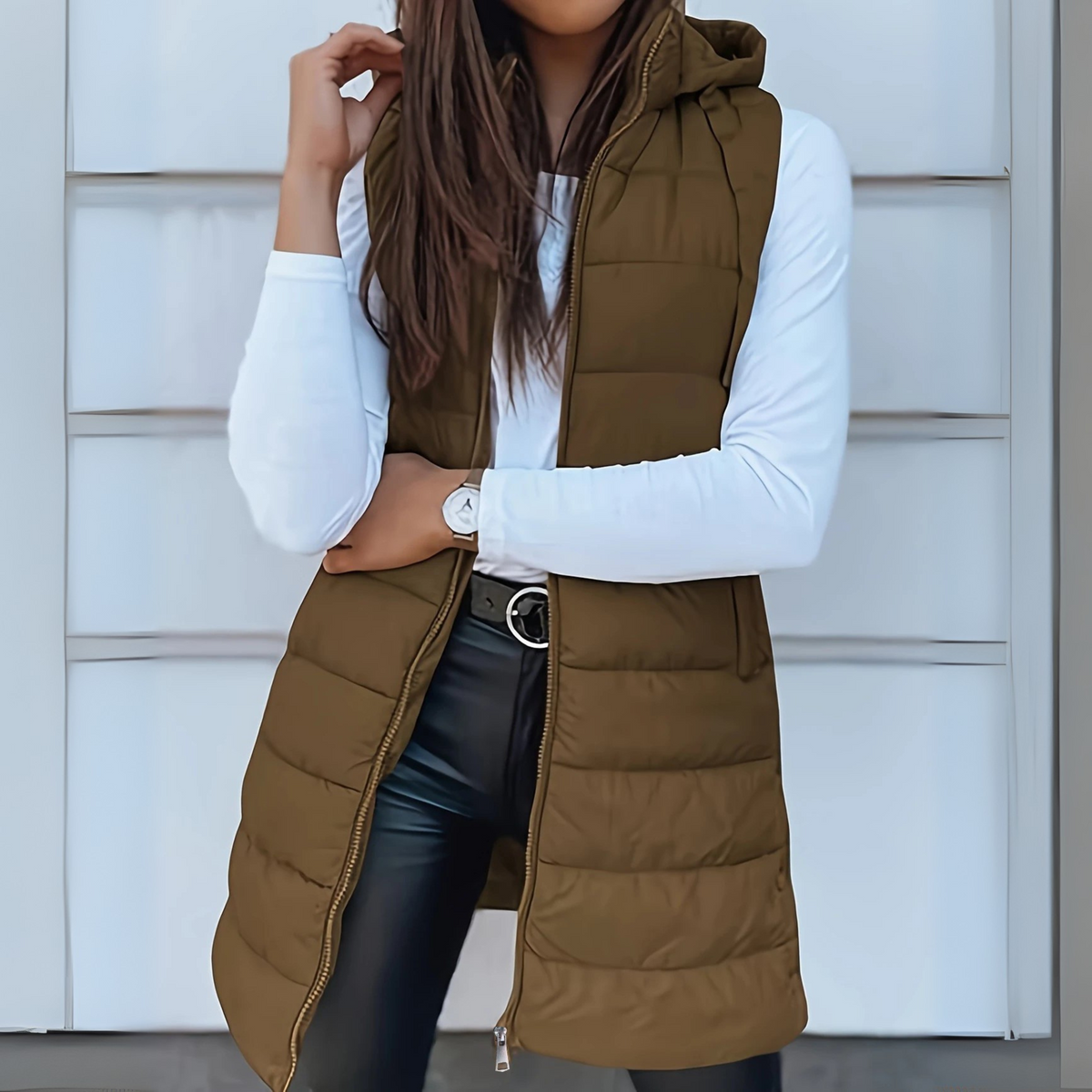 Gilet Largo Acolchado para Mujer con Capucha sin Mangas
