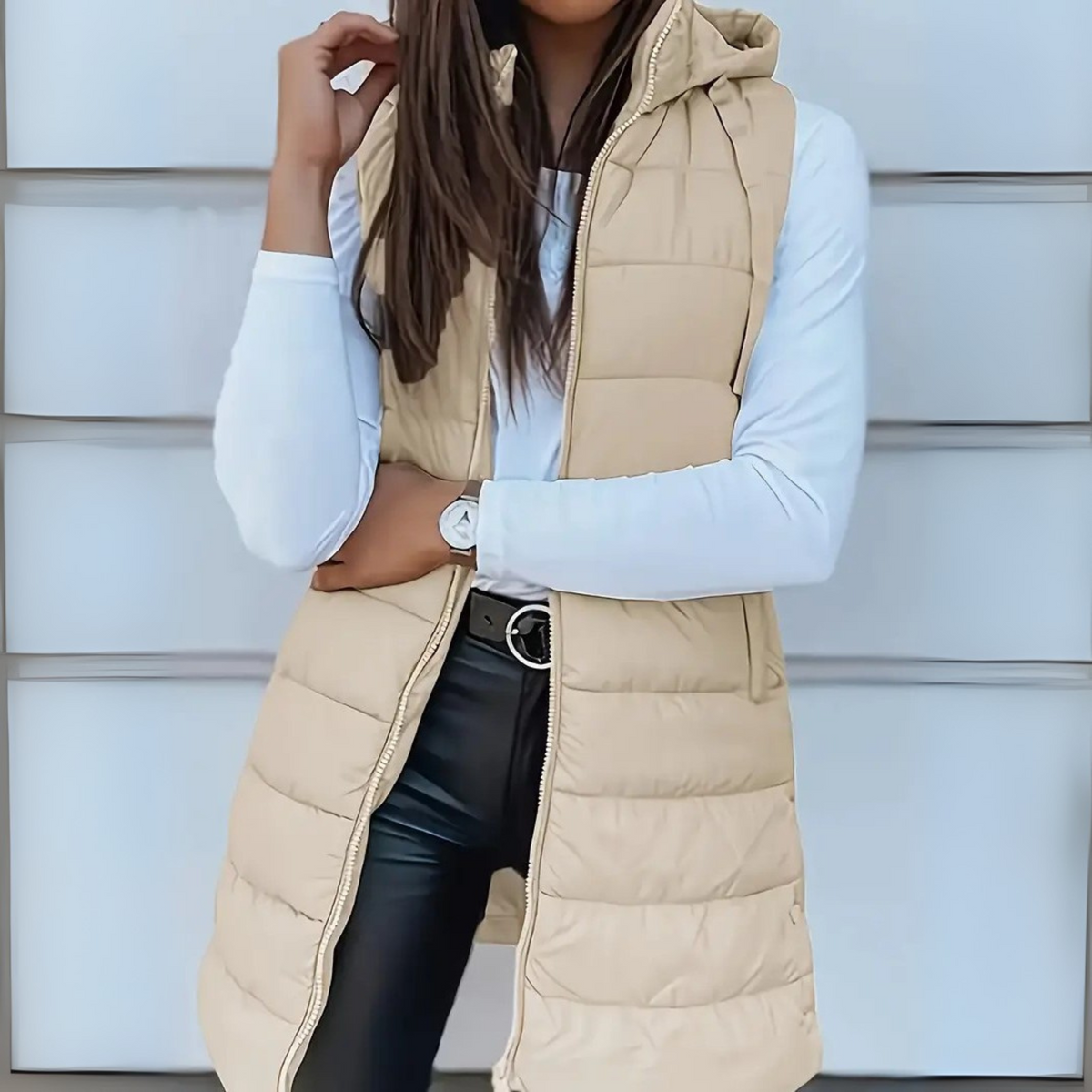 Gilet Largo Acolchado para Mujer con Capucha sin Mangas