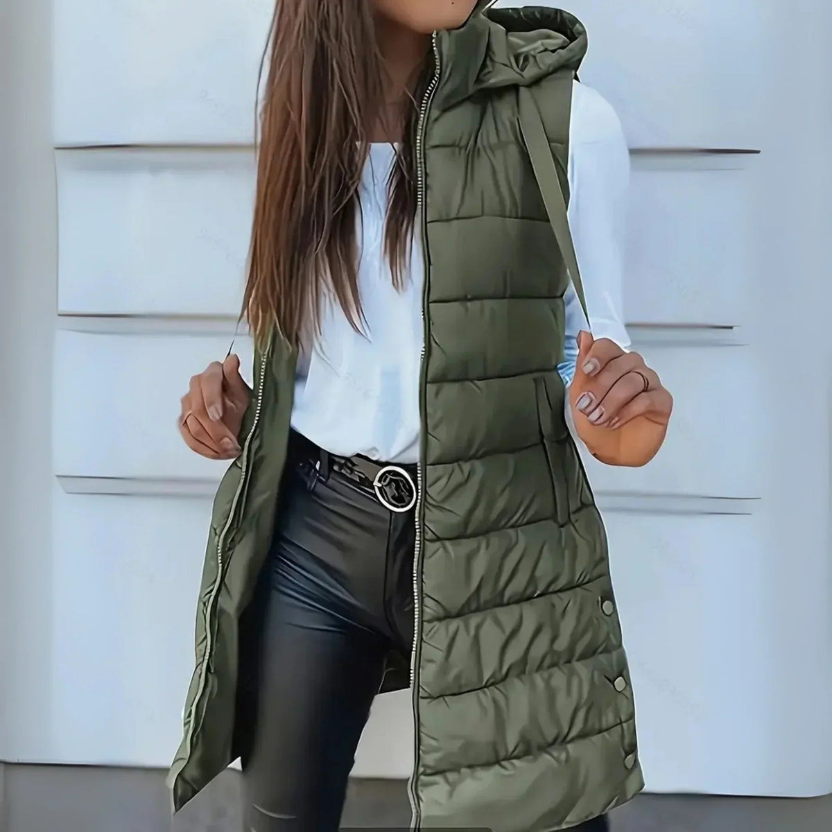 Gilet Largo Acolchado para Mujer con Capucha sin Mangas