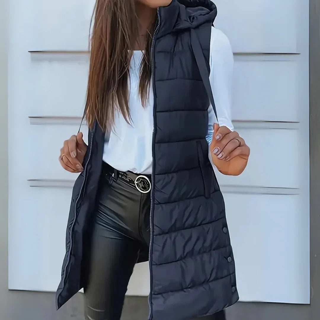Gilet Largo Acolchado para Mujer con Capucha sin Mangas