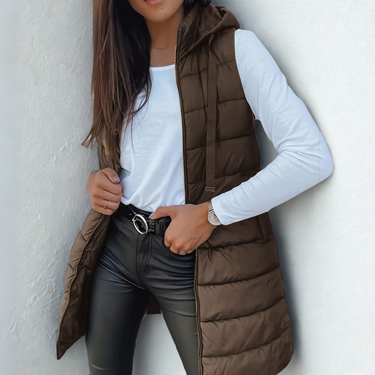 Gilet Largo Acolchado para Mujer con Capucha sin Mangas