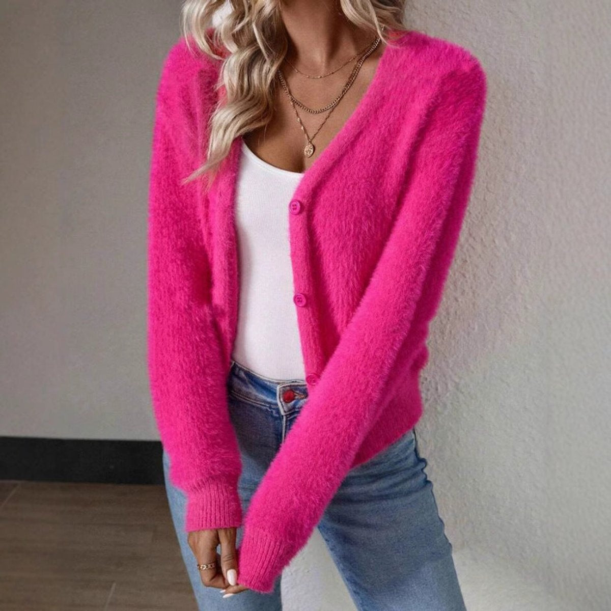 Cárdigan de Punto Suave para Mujer con Escote en V y Botonera