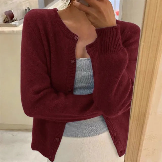Cárdigan de Punto Suave para Mujer con Escote Redondo y Botones
