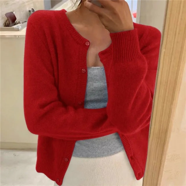 Cárdigan de Punto Suave para Mujer con Escote Redondo y Botones