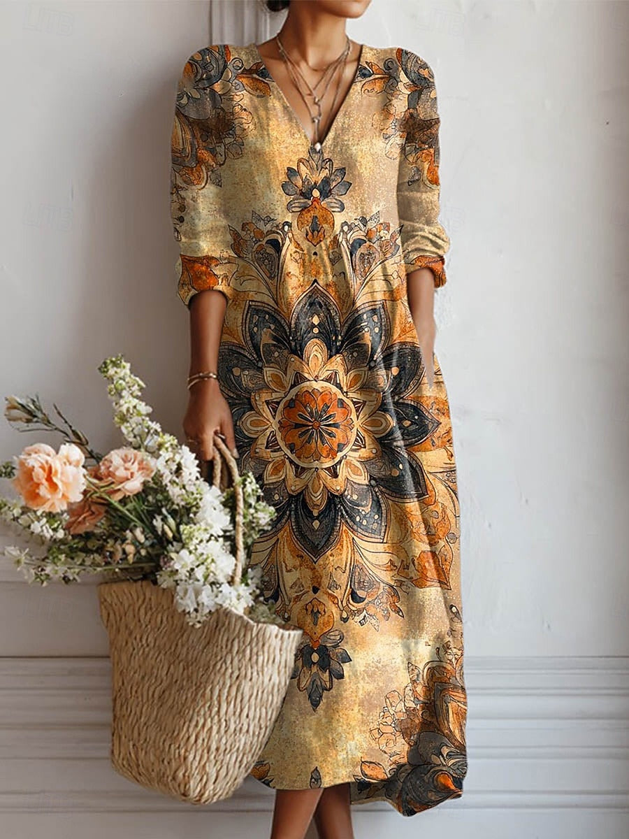 Vestido Boho de Lino Estampado para Mujer con Escote en V