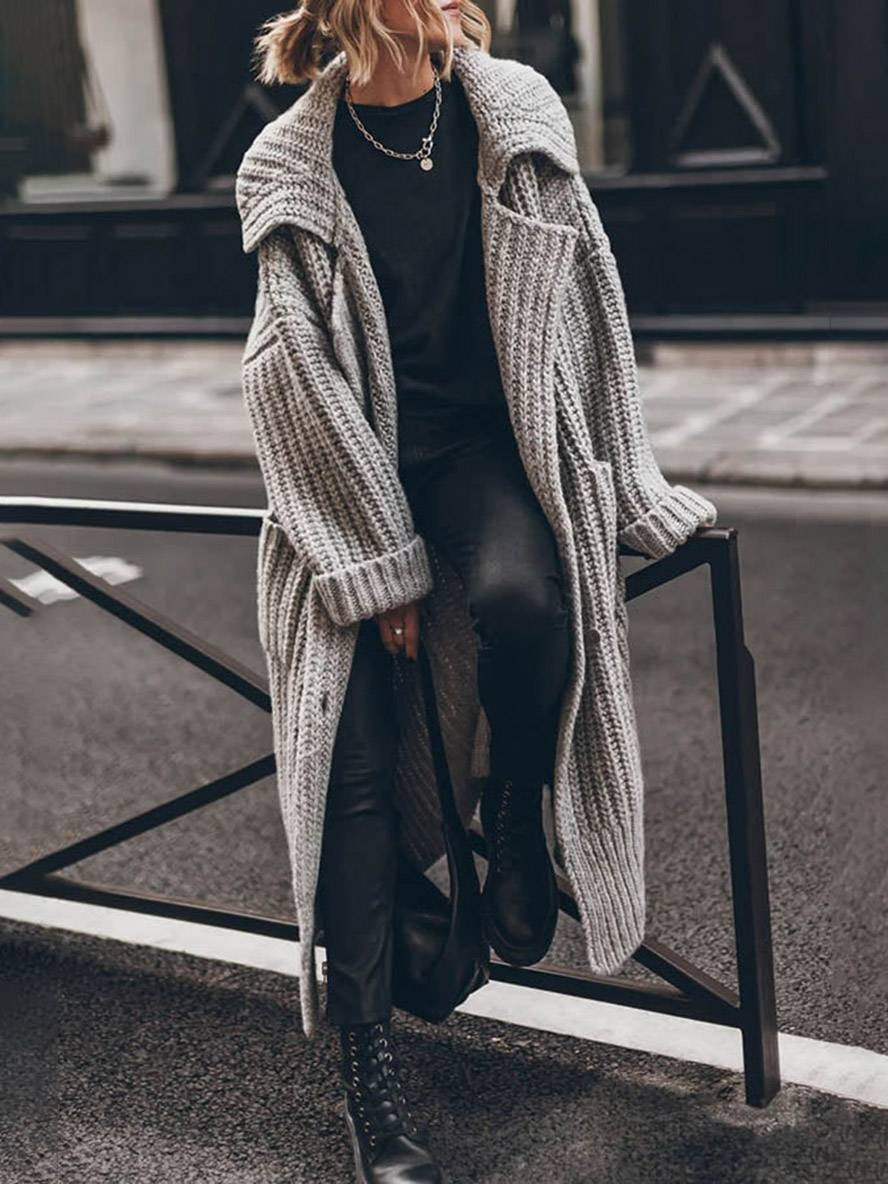 Cárdigan Largo Oversize de Punto Grueso para Mujer con Solapas