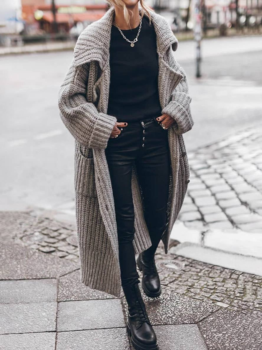 Cárdigan Largo Oversize de Punto Grueso para Mujer con Solapas
