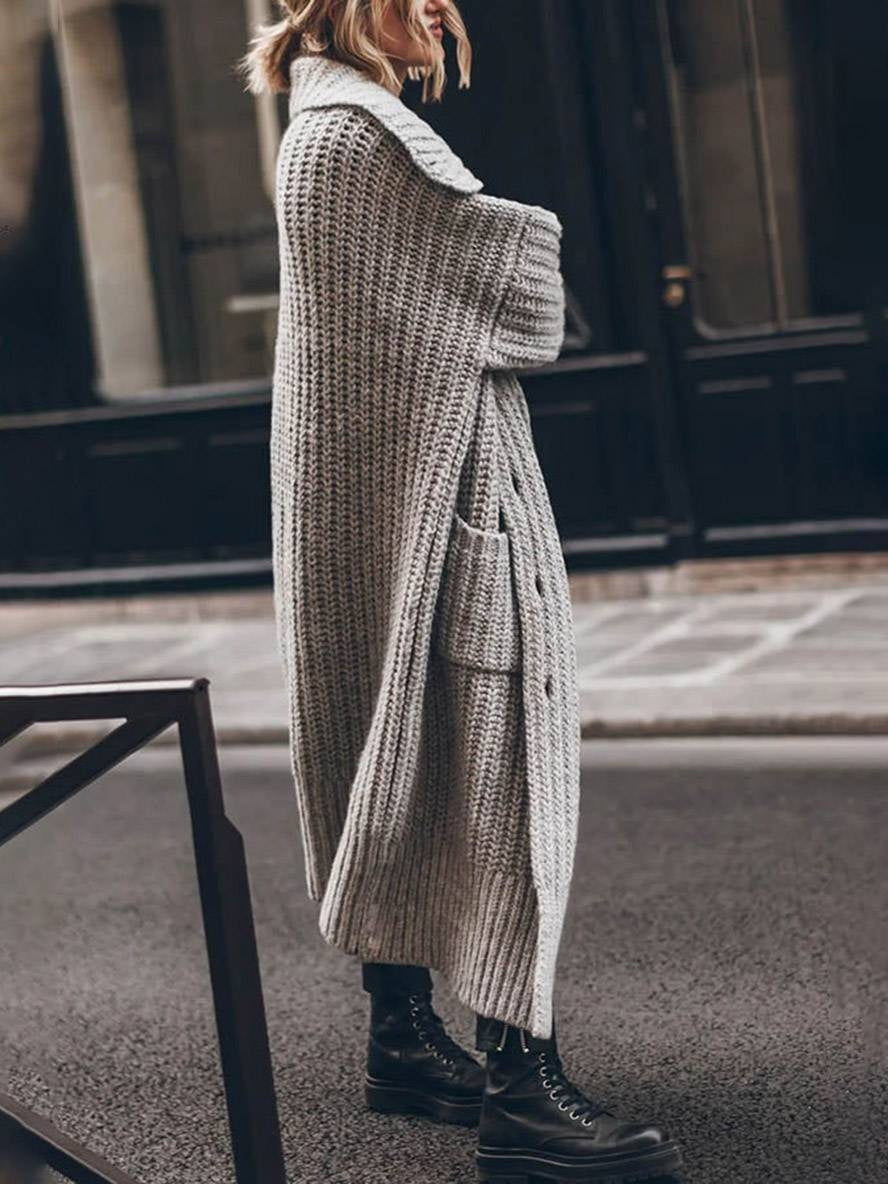 Cárdigan Largo Oversize de Punto Grueso para Mujer con Solapas