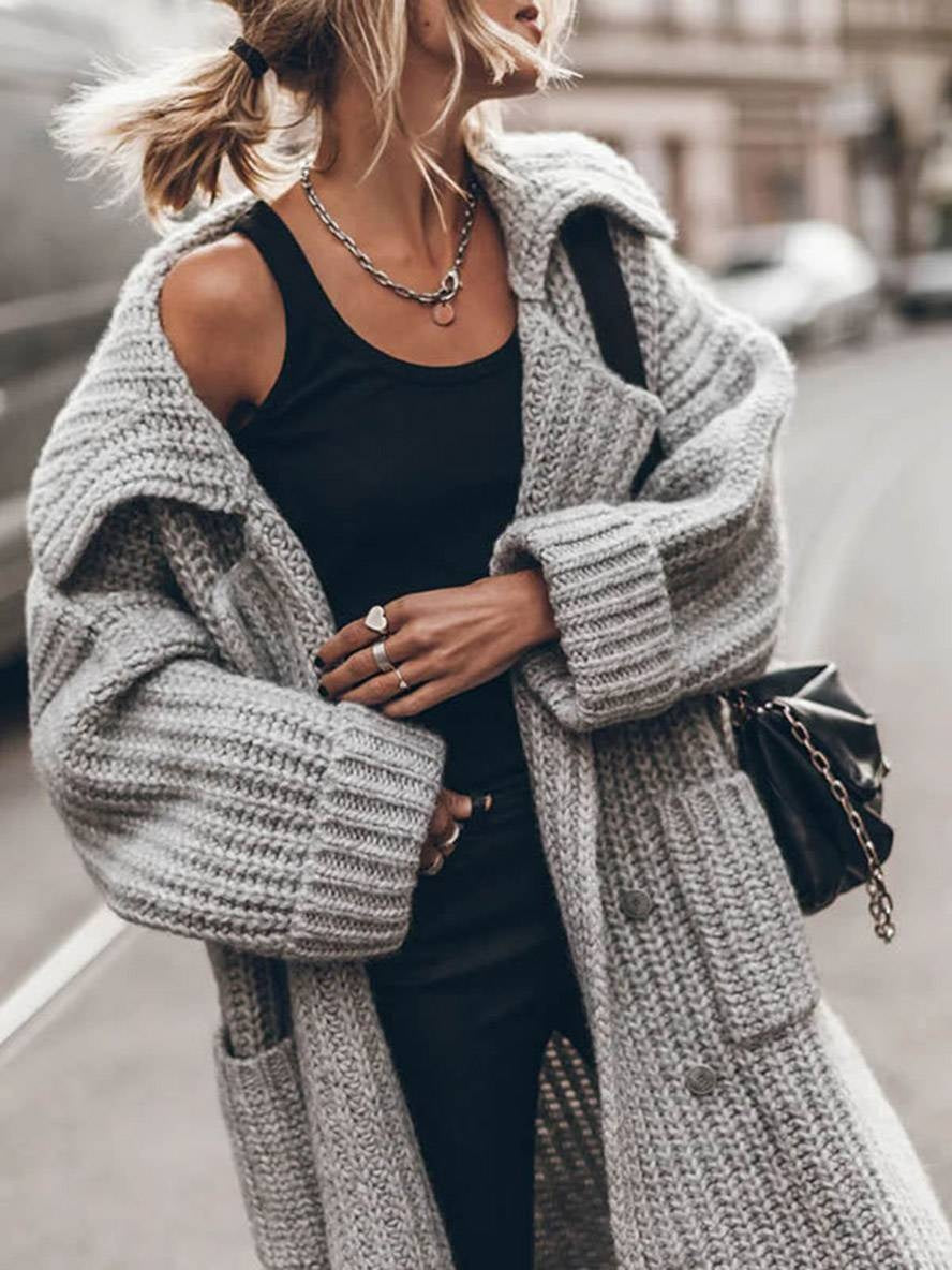 Cárdigan Largo Oversize de Punto Grueso para Mujer con Solapas
