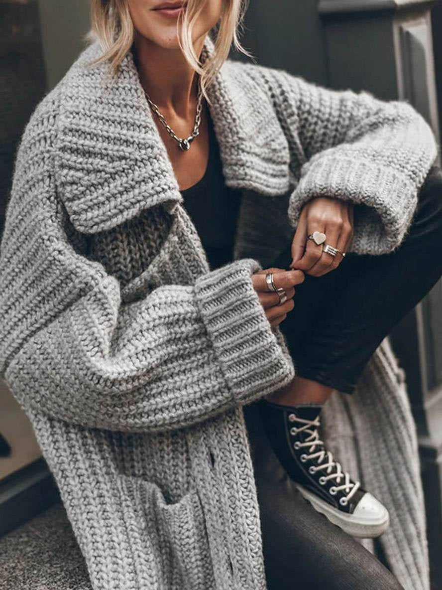 Cárdigan Largo Oversize de Punto Grueso para Mujer con Solapas