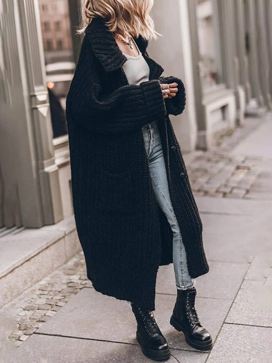 Cárdigan Largo Oversize de Punto Grueso para Mujer con Solapas