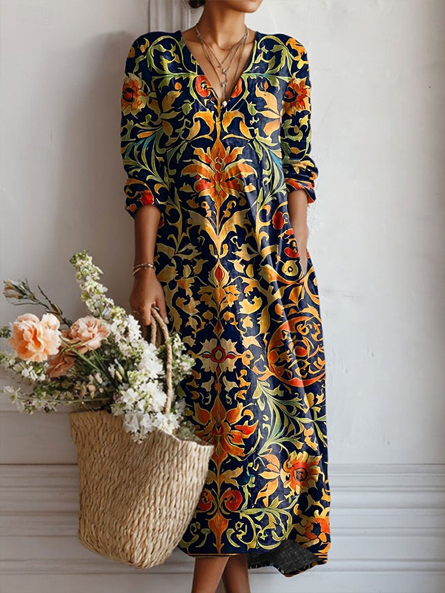 Vestido Boho de Lino Estampado para Mujer con Escote en V