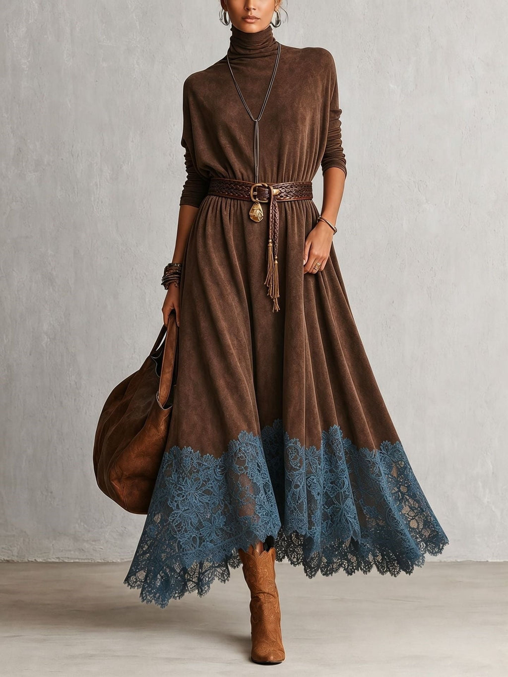 Vestido Largo Efecto Ante con Bajo de Encaje Poblet