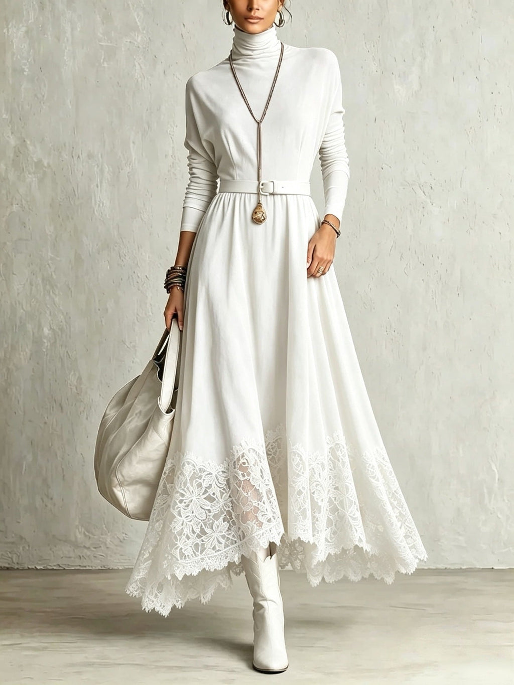 Vestido Largo Efecto Ante con Bajo de Encaje Poblet
