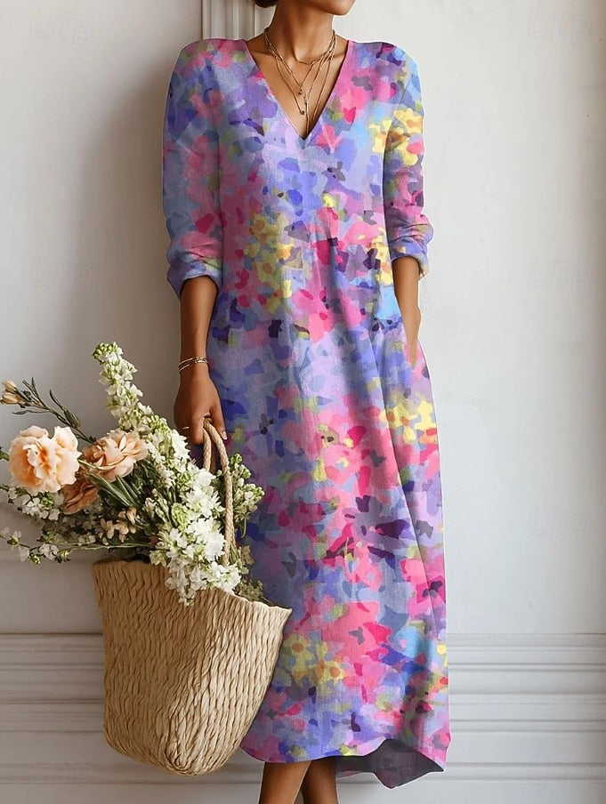 Vestido Boho de Lino Estampado para Mujer con Escote en V