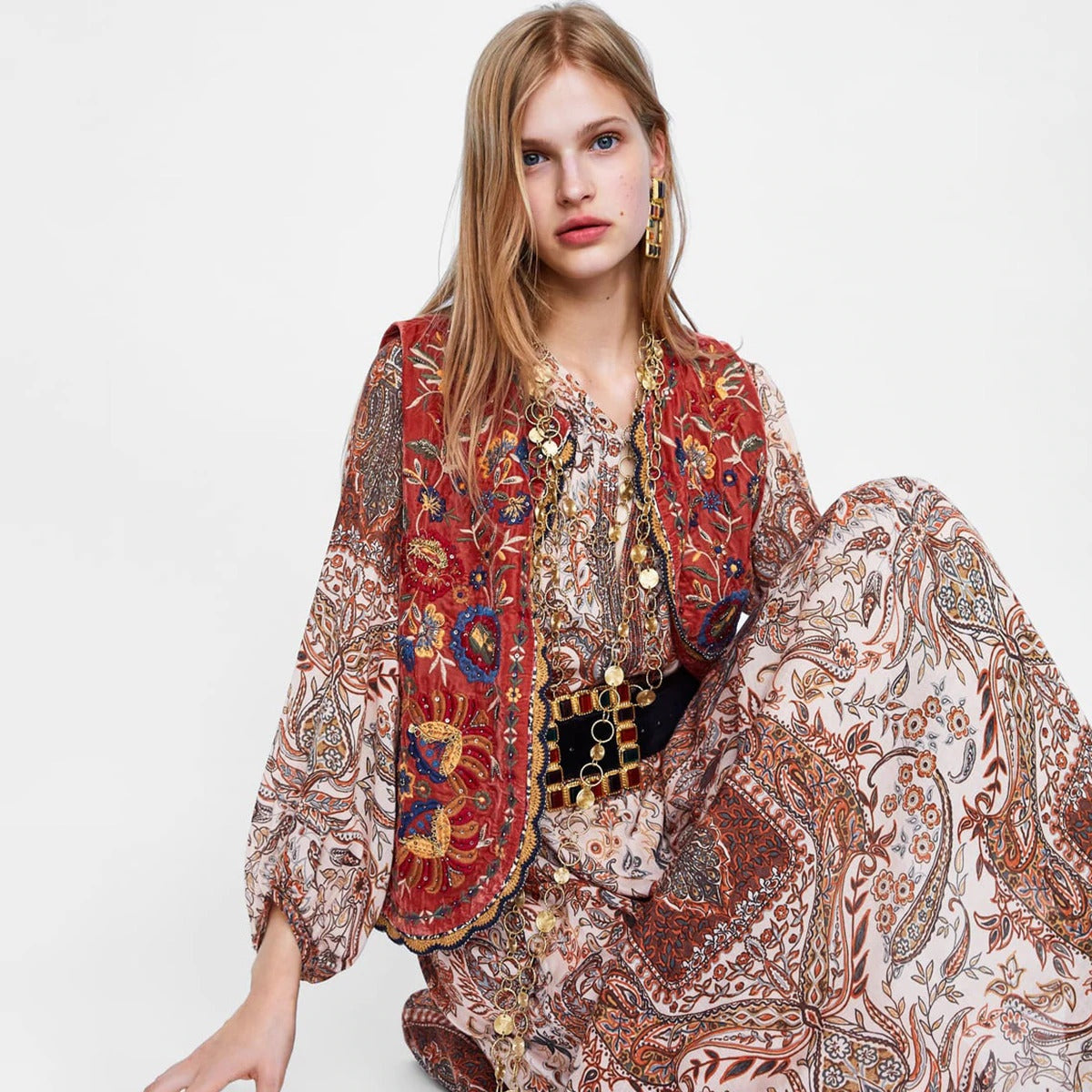 Chaleco Largo Boho para Mujer con Estampado Paisley y Escote en V