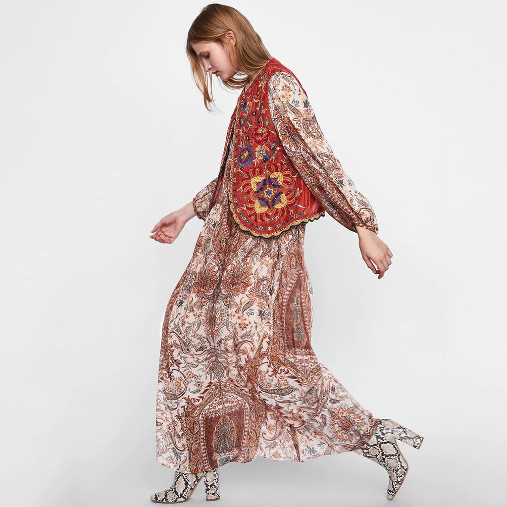 Chaleco Largo Boho para Mujer con Estampado Paisley y Escote en V