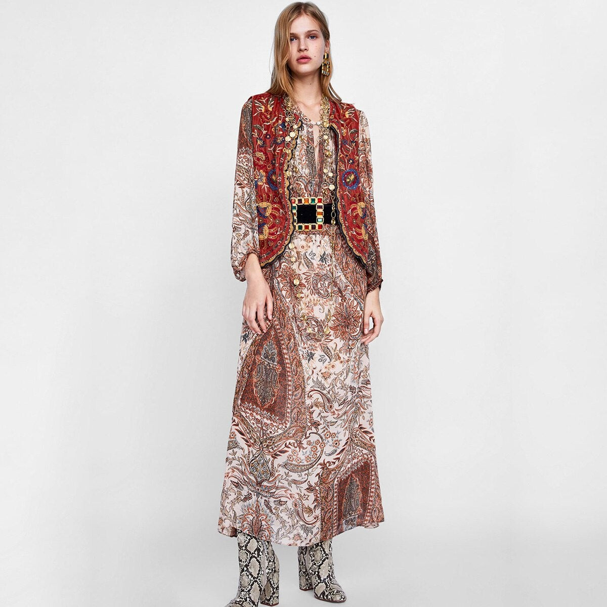 Chaleco Largo Boho para Mujer con Estampado Paisley y Escote en V