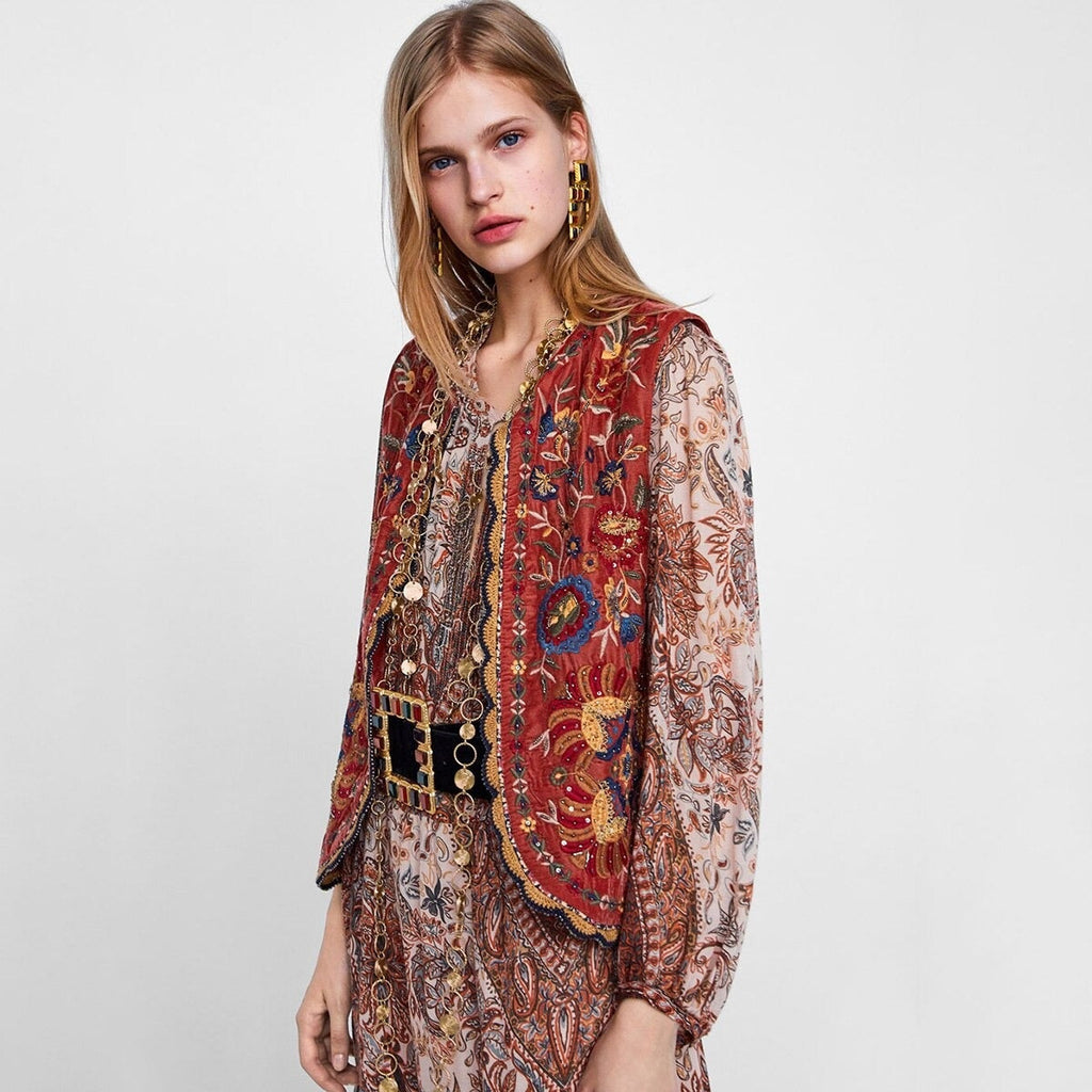 Chaleco Largo Boho para Mujer con Estampado Paisley y Escote en V