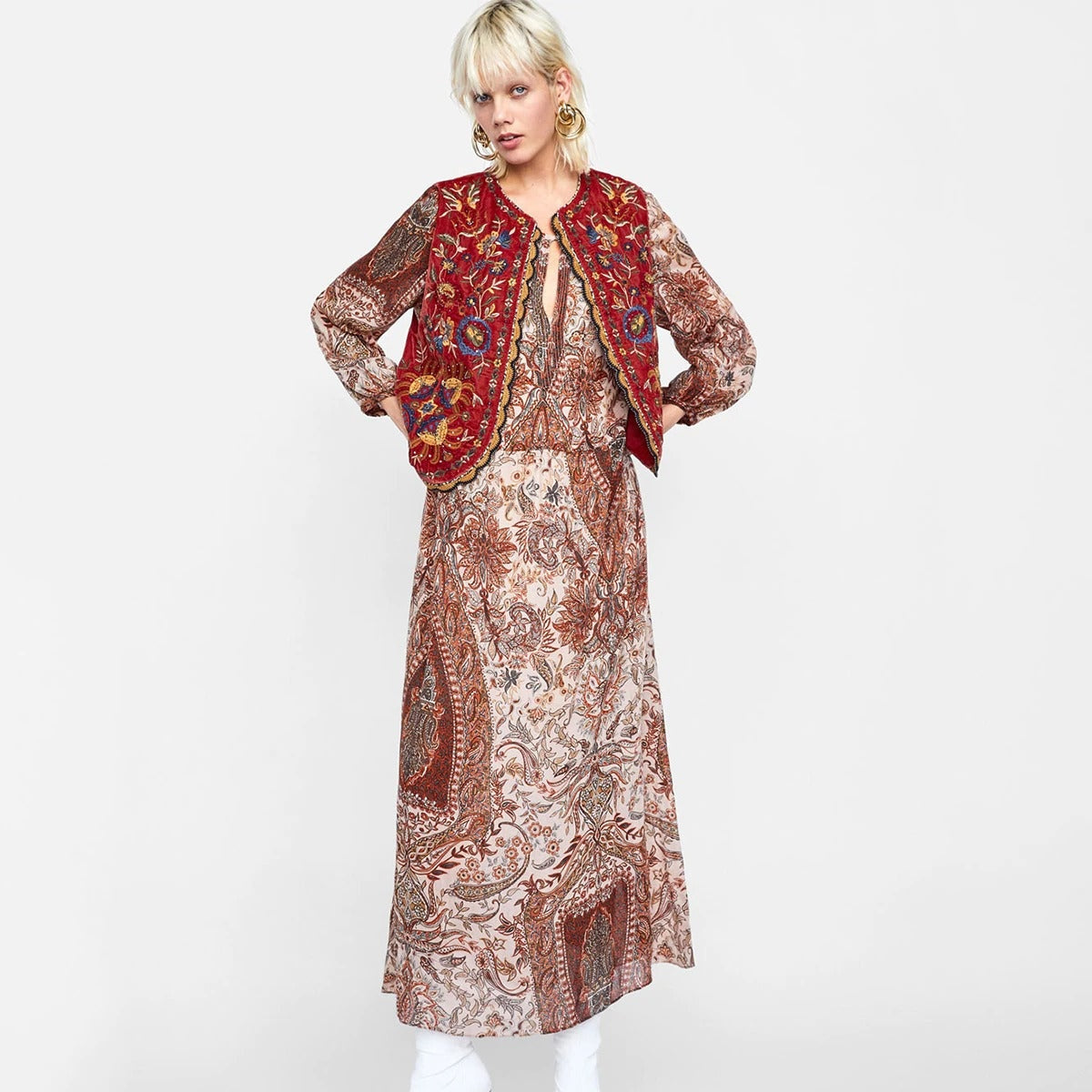 Chaleco Largo Boho para Mujer con Estampado Paisley y Escote en V