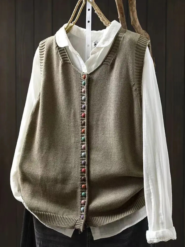 Chaleco de Punto para Mujer con Botonera y Cuello en V