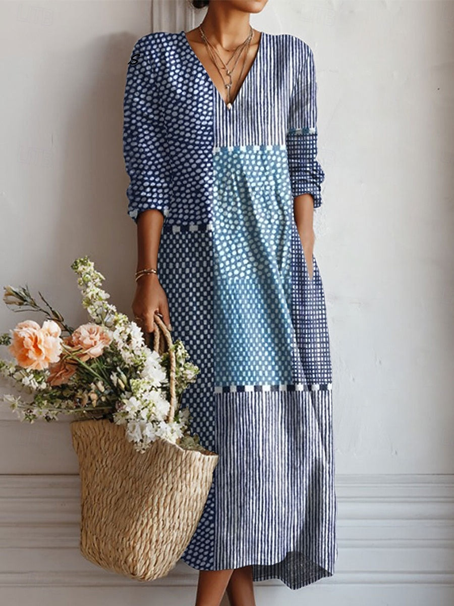 Vestido Boho de Lino Estampado para Mujer con Escote en V