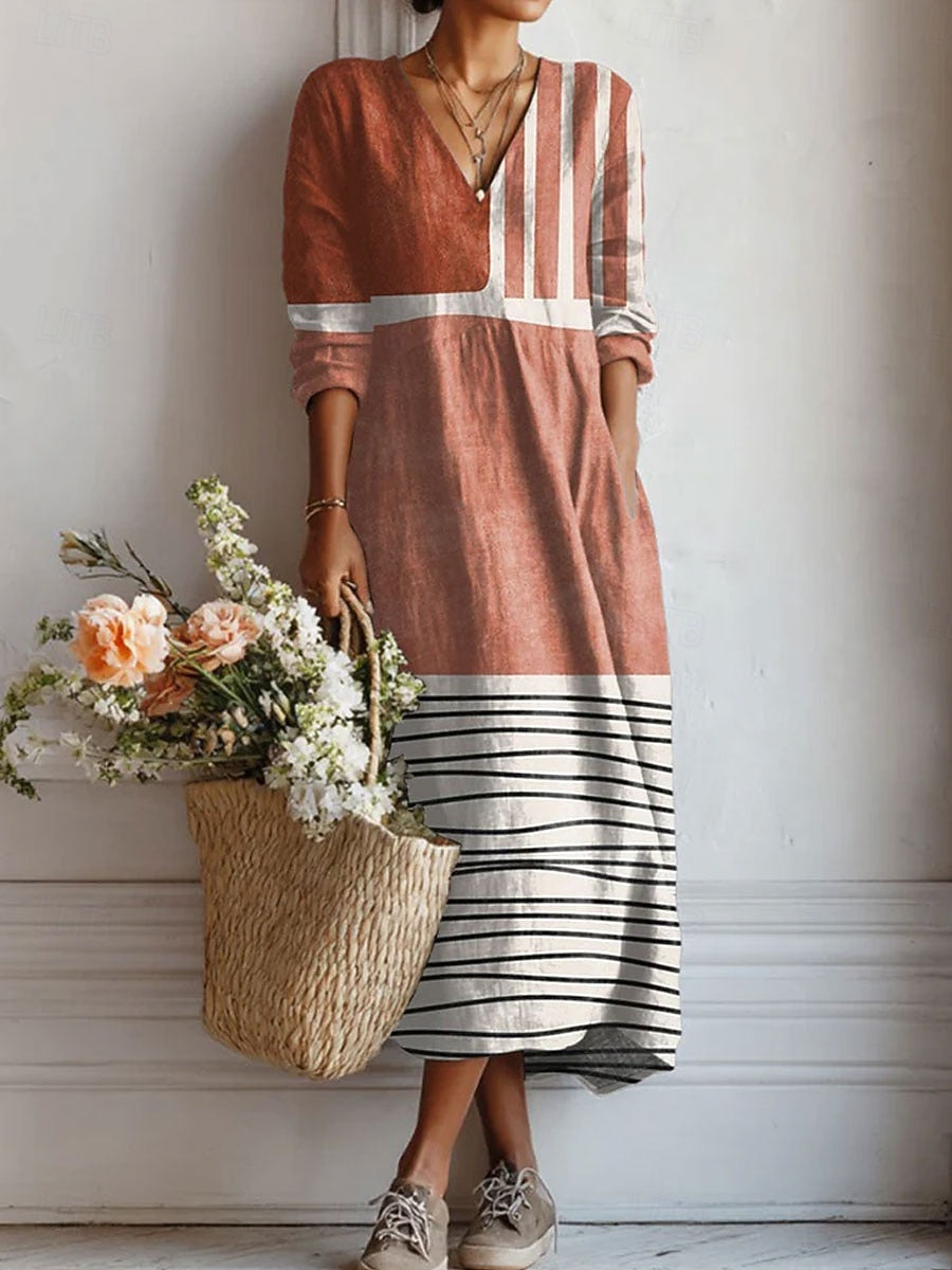 Vestido Boho de Lino Estampado para Mujer con Escote en V
