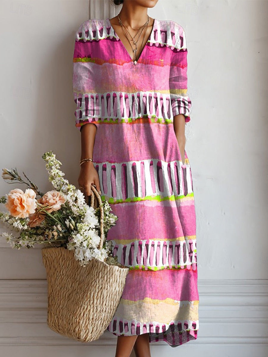 Vestido Boho de Lino Estampado para Mujer con Escote en V